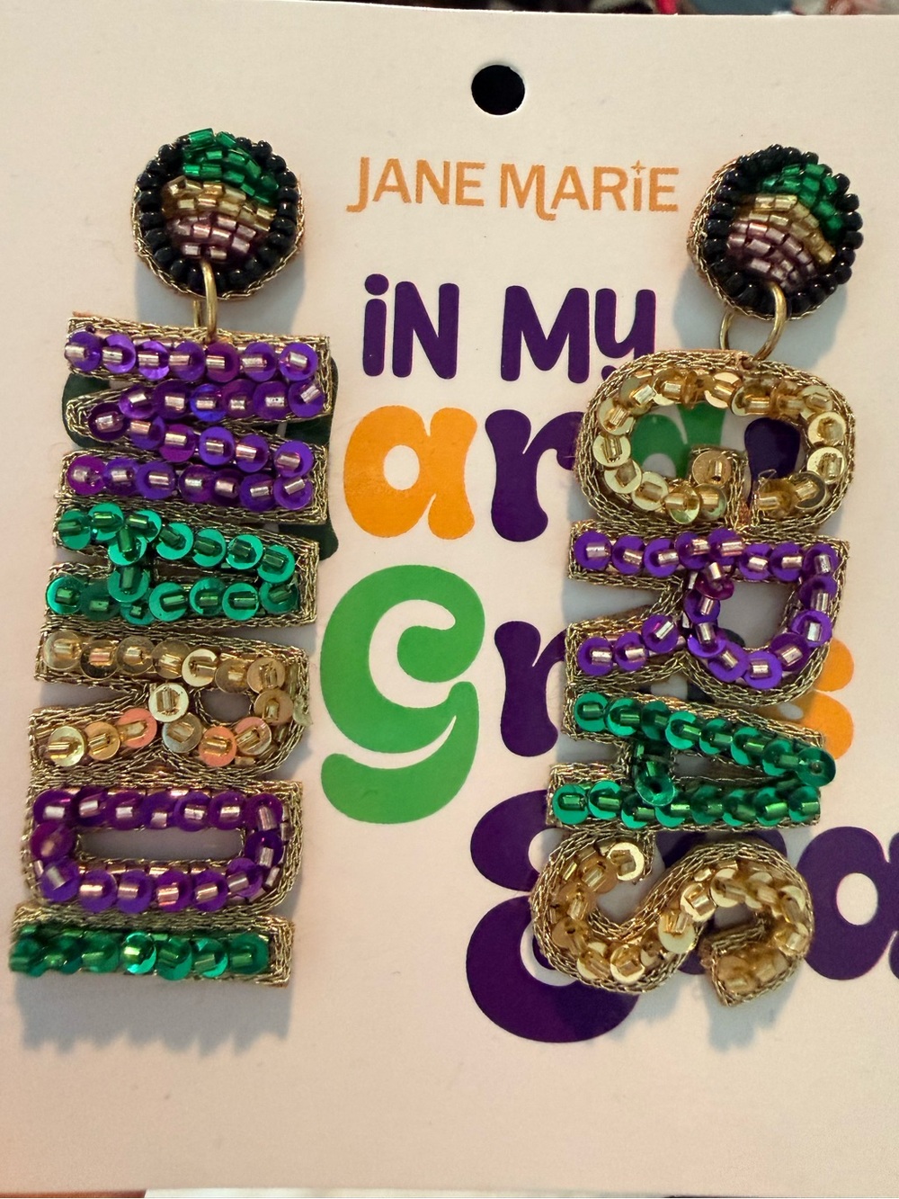 Jane Marie Beaded Mardi Gras Statement Earrings - Purple, Green & Gold